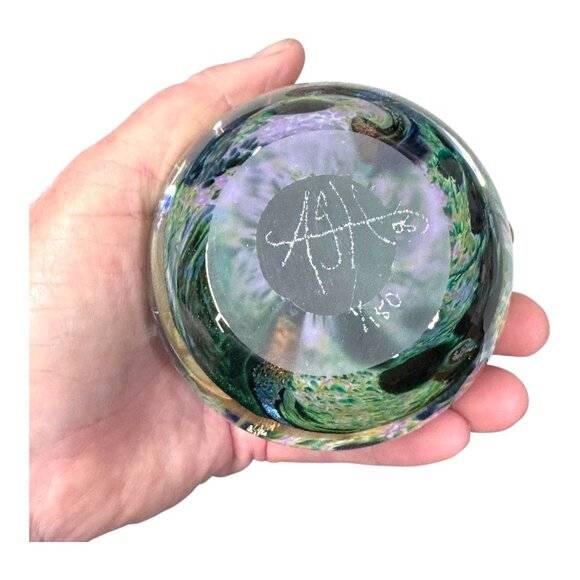 Hand Blown Glass Paperweight ASH Swirling Blue Green Oceanic Water Design Signed - Picture 4 of 7